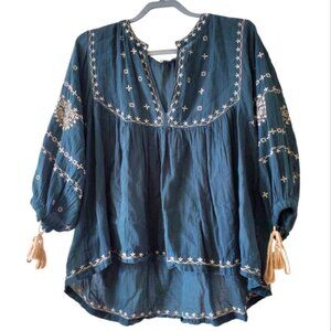 Lucky Brand Blue Embroidered Blouse